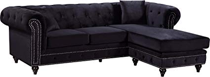 Meridian Furniture 667Black-Sectional Sabrina Reversible 2 Piece Button Tufted Velvet Sectional with Scroll Arms, Nailhead Trim, and Custom Wood Legs, Black