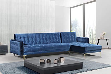 Iconic Home FSA9008-AN Amandal Convertible Sofa Sleeper Bed L Shape Chaise Tufted Velvet Upholstered Gold Tone Metal Y-Leg Modern Contemporary, Right Facing Sectional, Navy Velvet