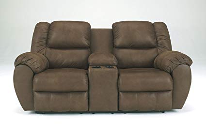 Ashley Quarterback Double Polyester Reclining Loveseat in Canyon