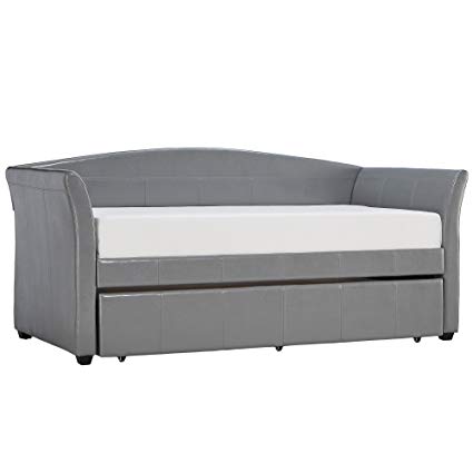 Modern Transitional Faux Leather Upholstery Trundle Sofa Daybed with Solid Wood Frame - Includes Modhaus Living Pen (Gray with Trundle)