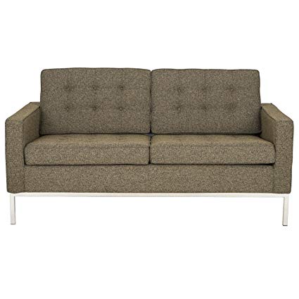 LeisureMod Florence Style Mid Century Modern Tufted Loveseat Sofa in Oatmeal Twill Wool